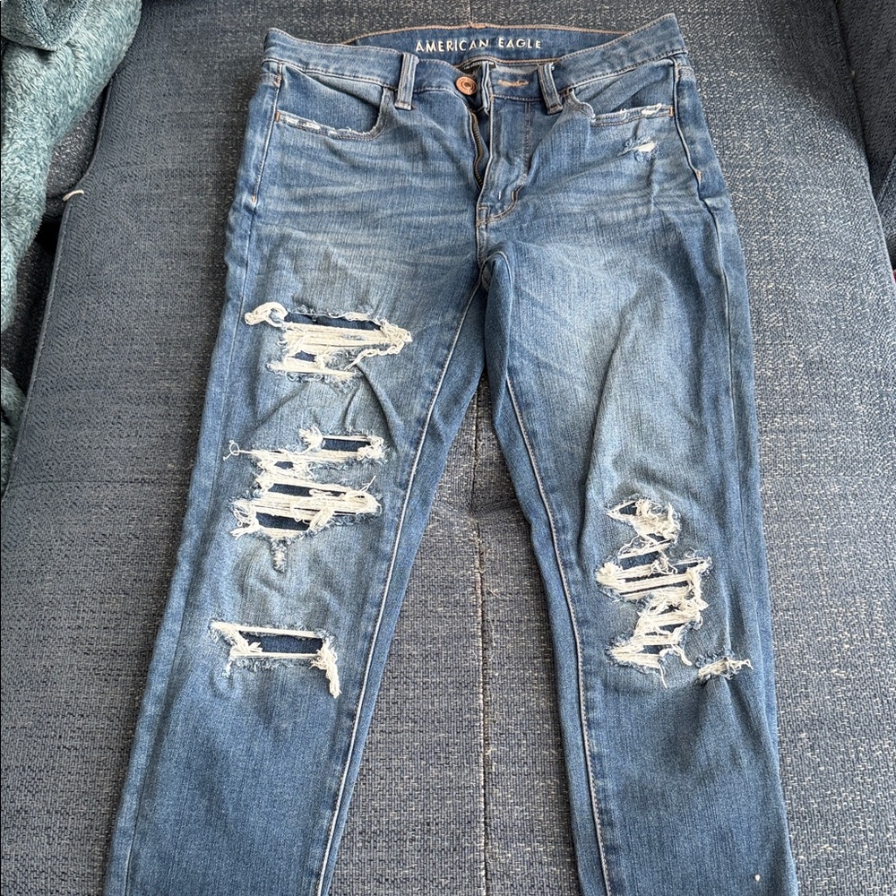 American Eagle Outfitters Dark Blue Denim Jeans with Tan Stitching
